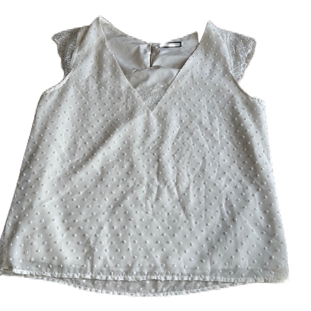 Shein L Women’s Short Sleeve White Sheer Swiss Dot Blouse Lined V Neck Top EUC